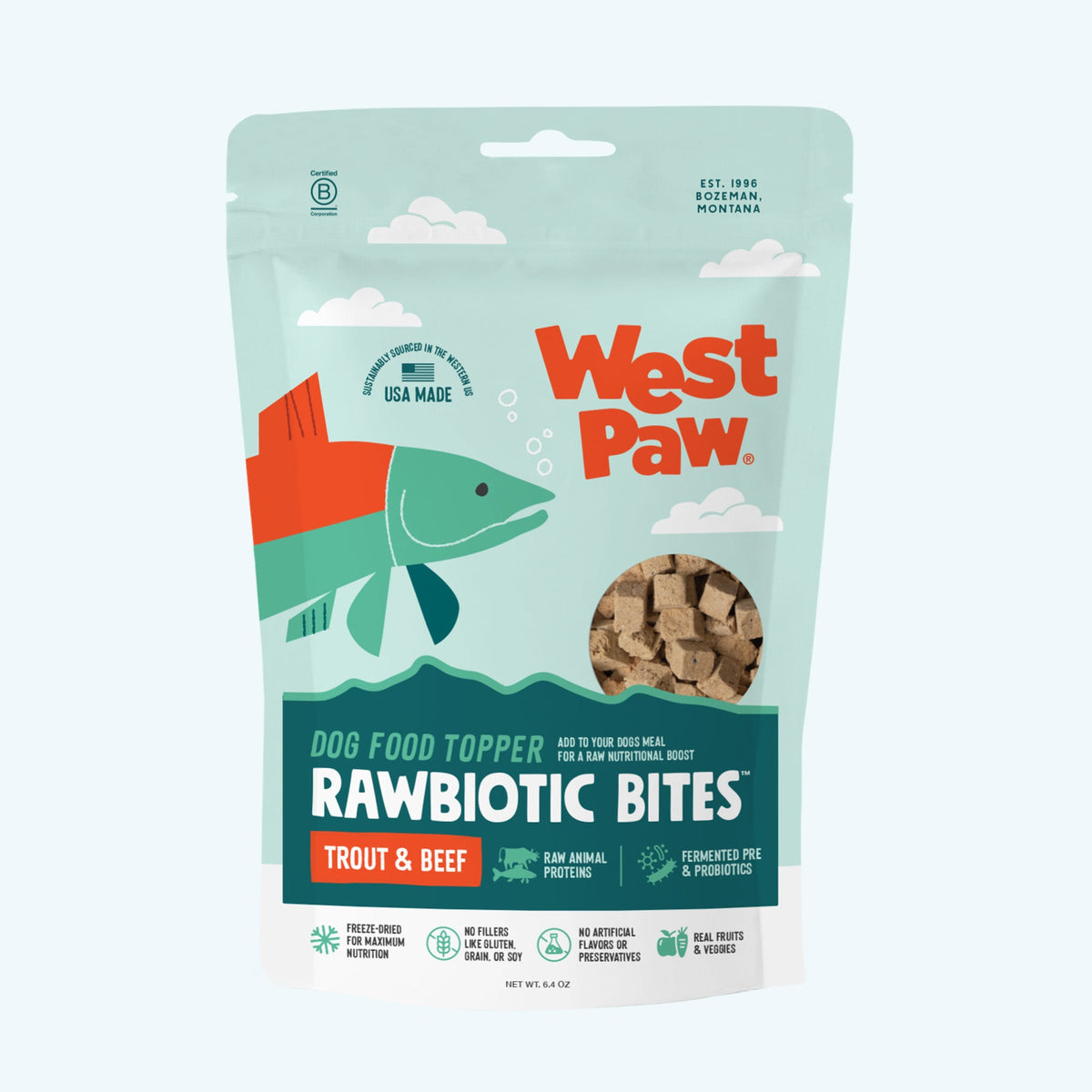 Front of the West Paw Rawbiotic Bites Trout and Beef dog food topper package.