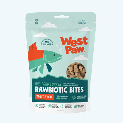 Front of the West Paw Rawbiotic Bites Trout and Beef dog food topper package.