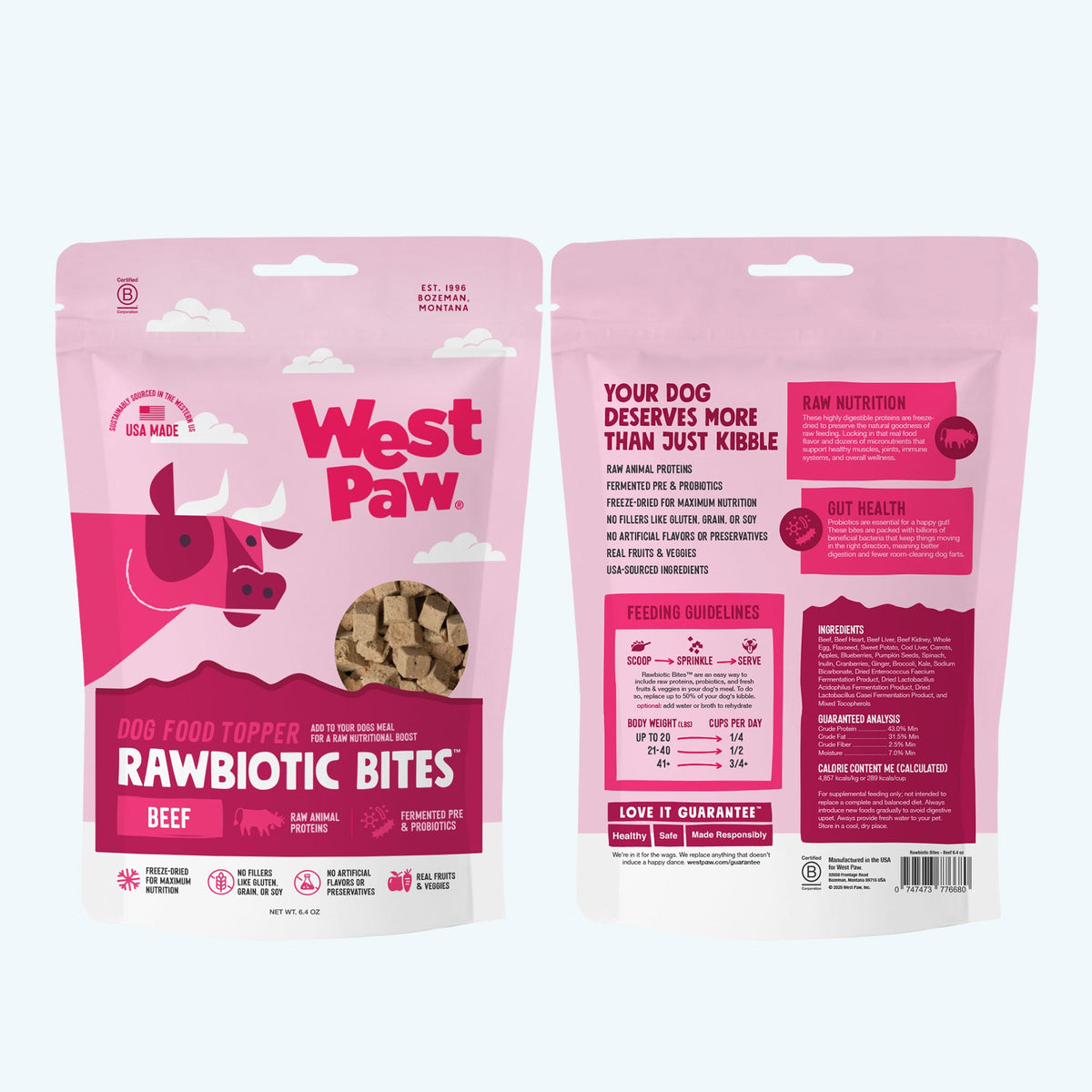 Front and back views of the Beef Rawbiotic Bites topper package