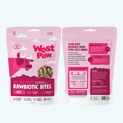 Front and back views of the Beef Rawbiotic Bites topper package