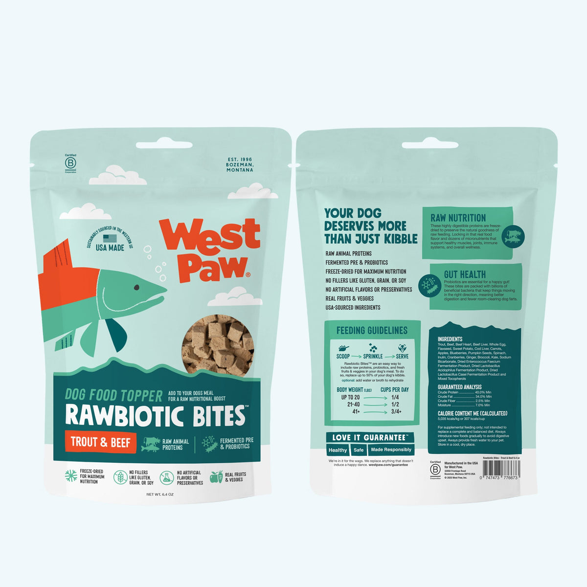 Front and back views of the Trout and Beef Rawbiotic Bites topper package.