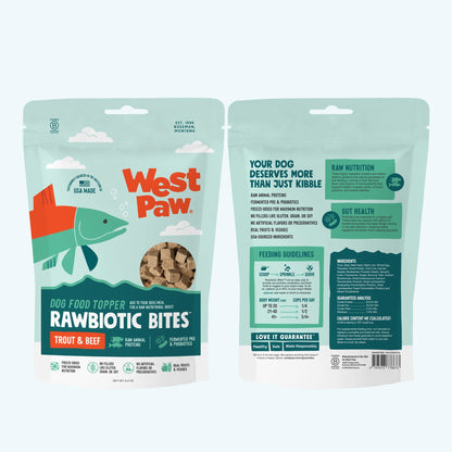 Front and back views of the Trout and Beef Rawbiotic Bites topper package.