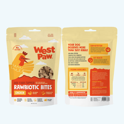 Front and back views of the Chicken Rawbiotic Bites topper package
