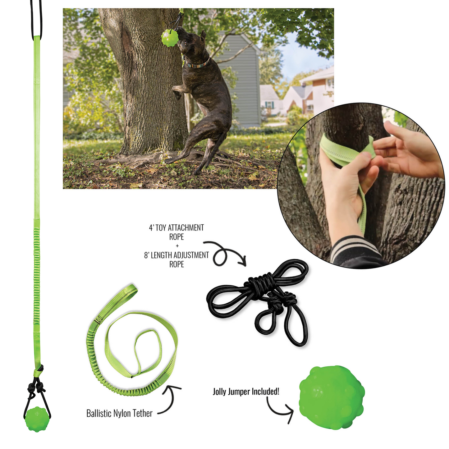 Dog toy with rope and ball, showing usage and components on a white background.