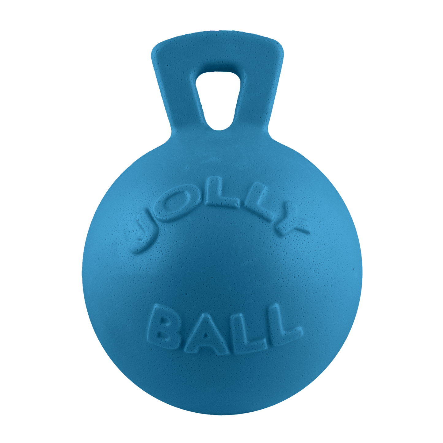 Blue rubber ball with handle labeled 'Jolly Ball' on a transparent background