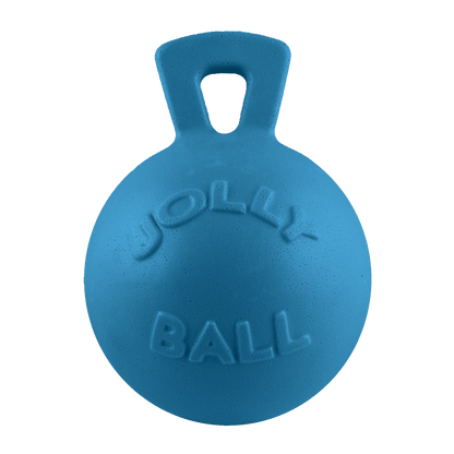 Blue rubber ball with handle labeled 'Jolly Ball' on a transparent background
