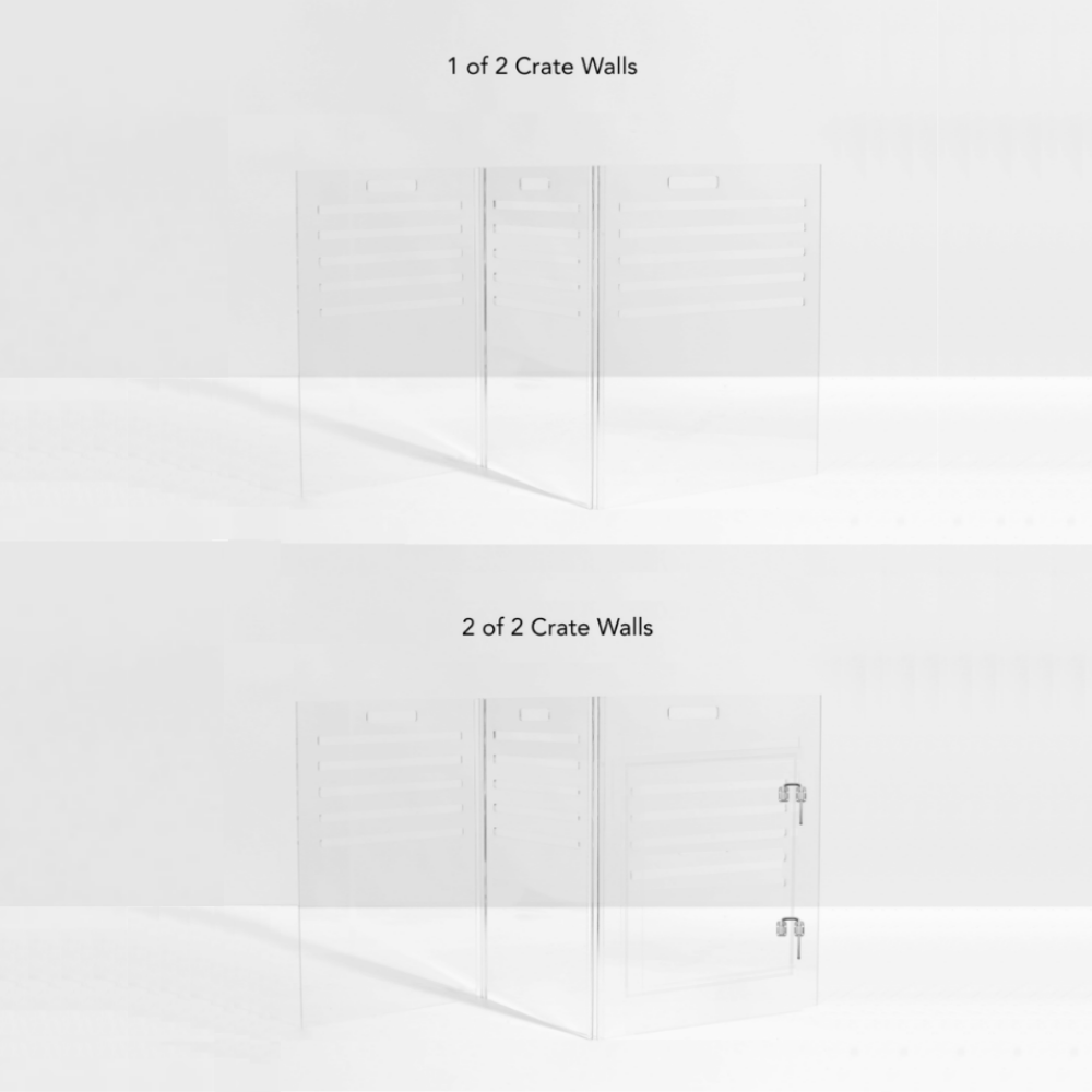 Hiddin clear crate wall panels used as a pet gate