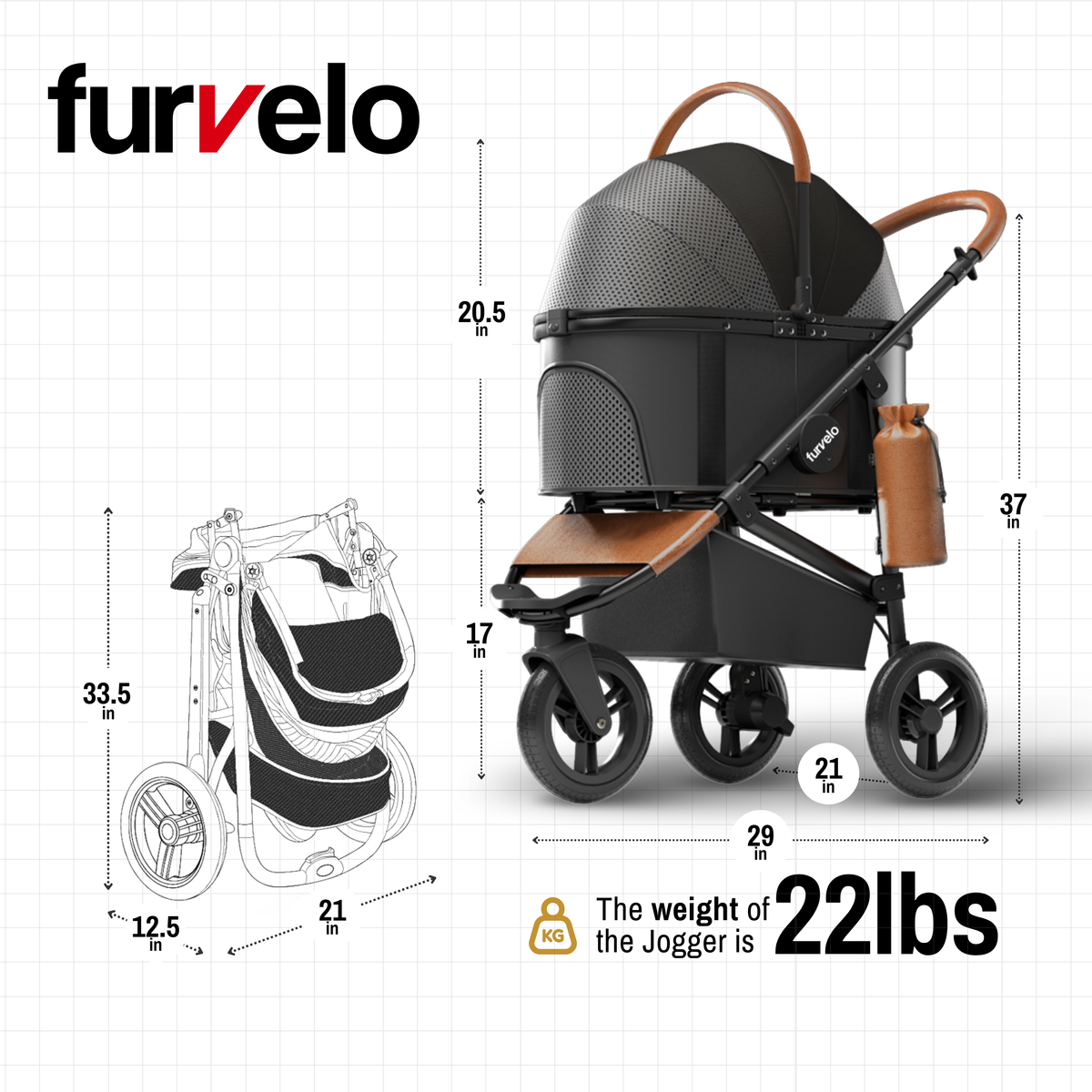 Furvelo Jogger dimension diagram showing stroller measurements and 22 lb frame weight