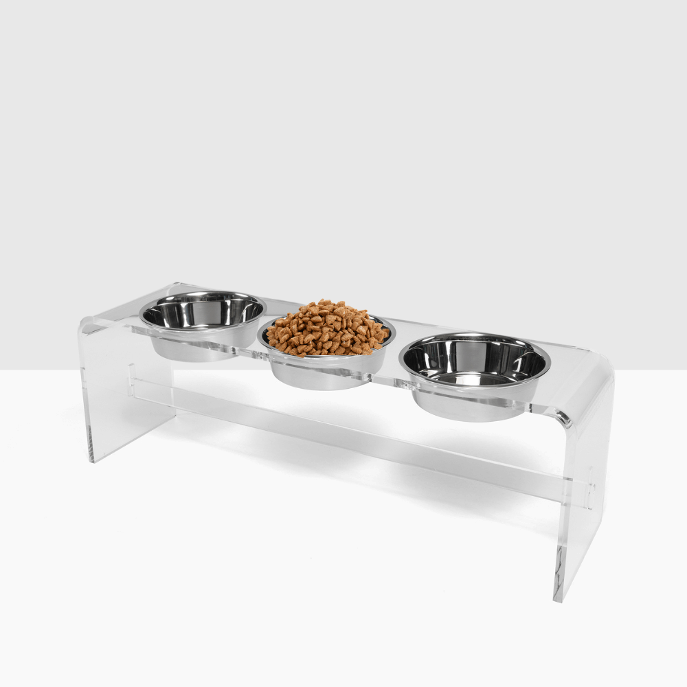 Angled view of the tall clear triple silver feeder