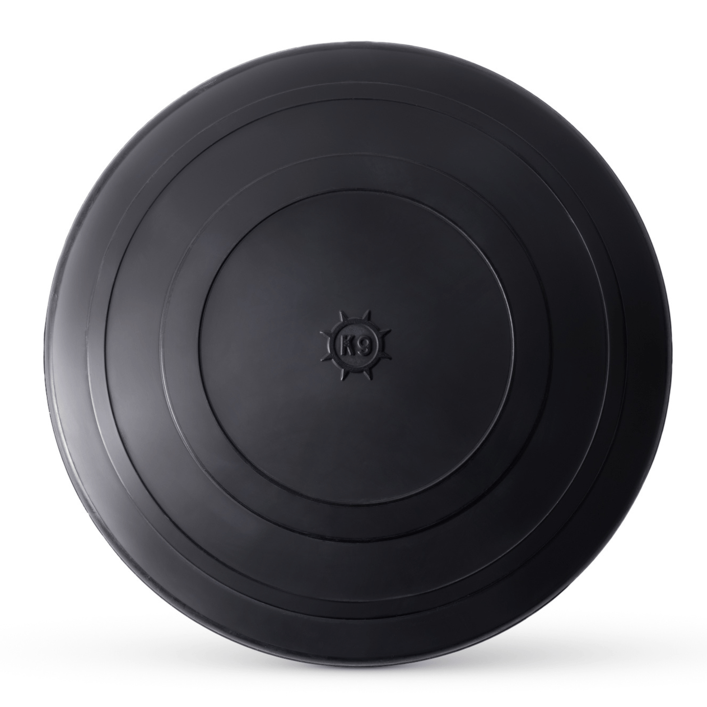 Black dog toy disc with a brand logo on a white background