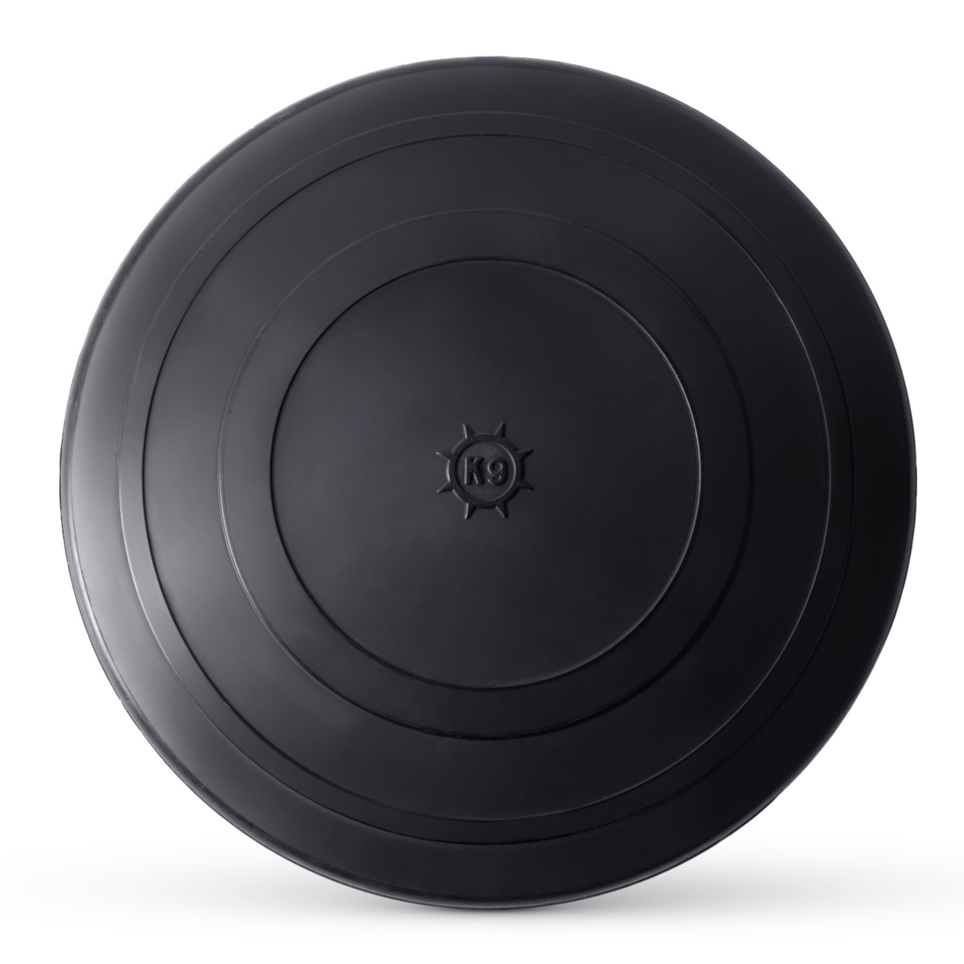 Black dog toy disc with a brand logo on a white background