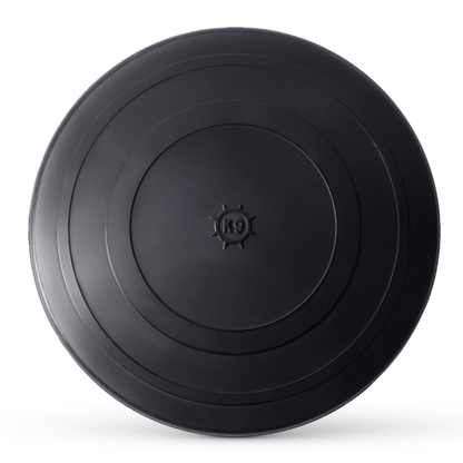 Black dog toy disc with a brand logo on a white background