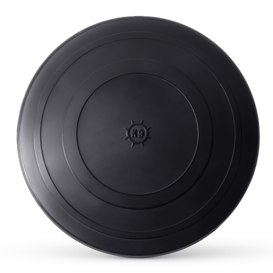 Black dog toy disc with a brand logo on a white background
