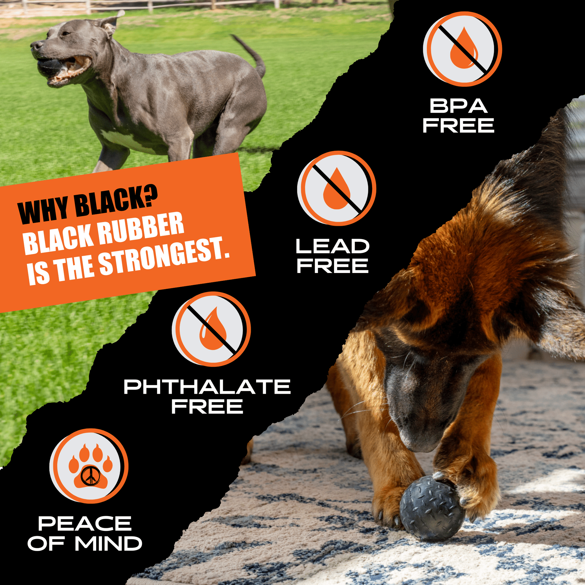 Two dogs playing with a ball, with text and icons indicating product features like BPA-free, lead-free, phthalate-free, and peace of mind.