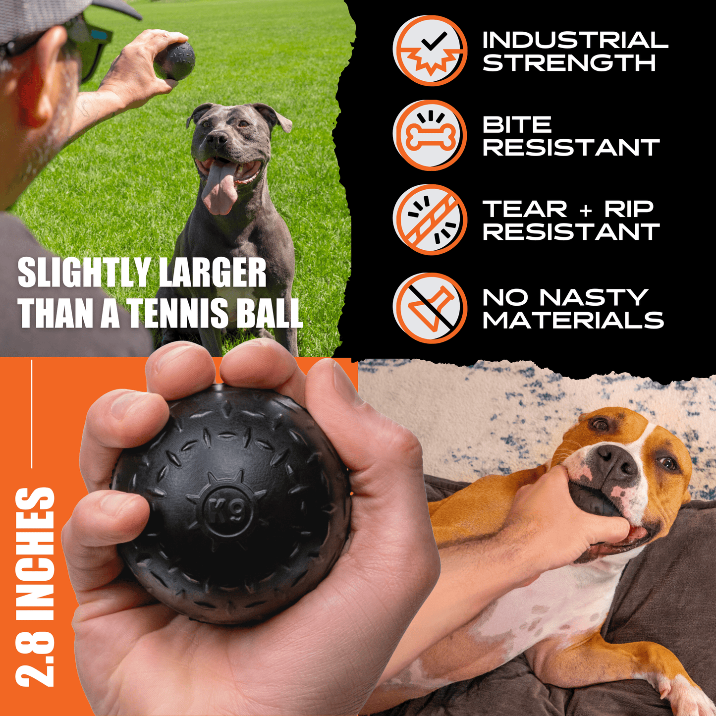 Dog toy being held by a person with text highlighting features and size comparison to a tennis ball.
