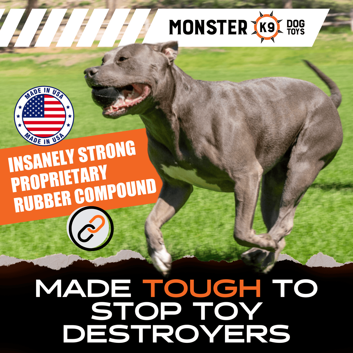 Dog running on grass with Monster K9 branding and product features highlighted