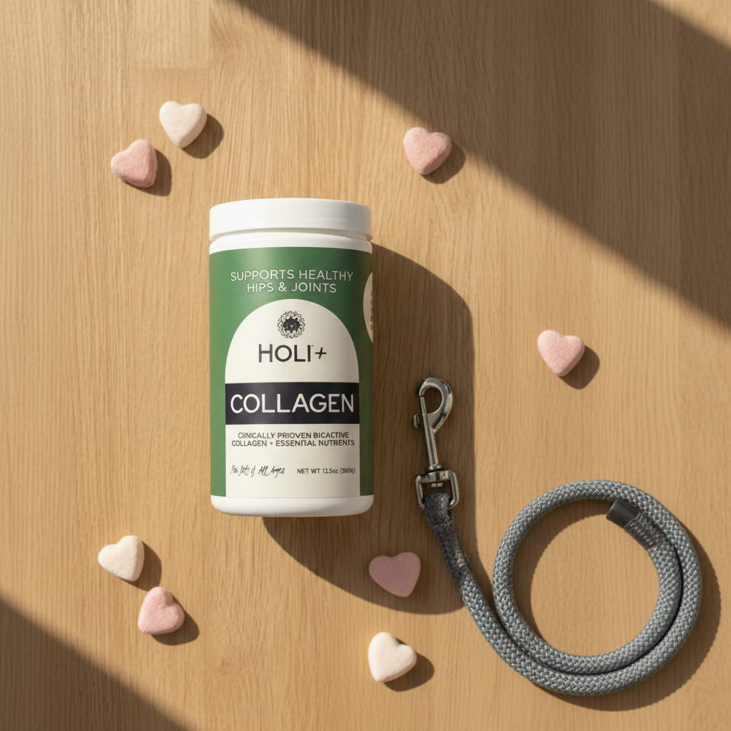 HOLI+ Collagen container with leash and heart-shaped treats