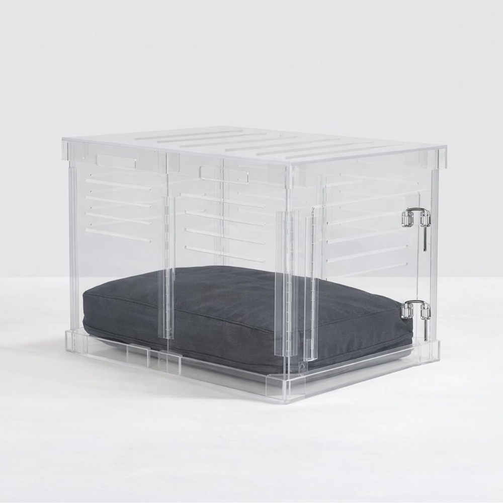 Charcoal cushion inside Hiddin Small Clear Pet Crate