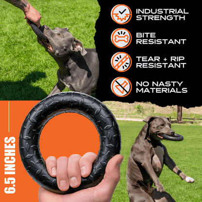 Dog playing with a large black rubber ring toy on grass, with product features listed above.
