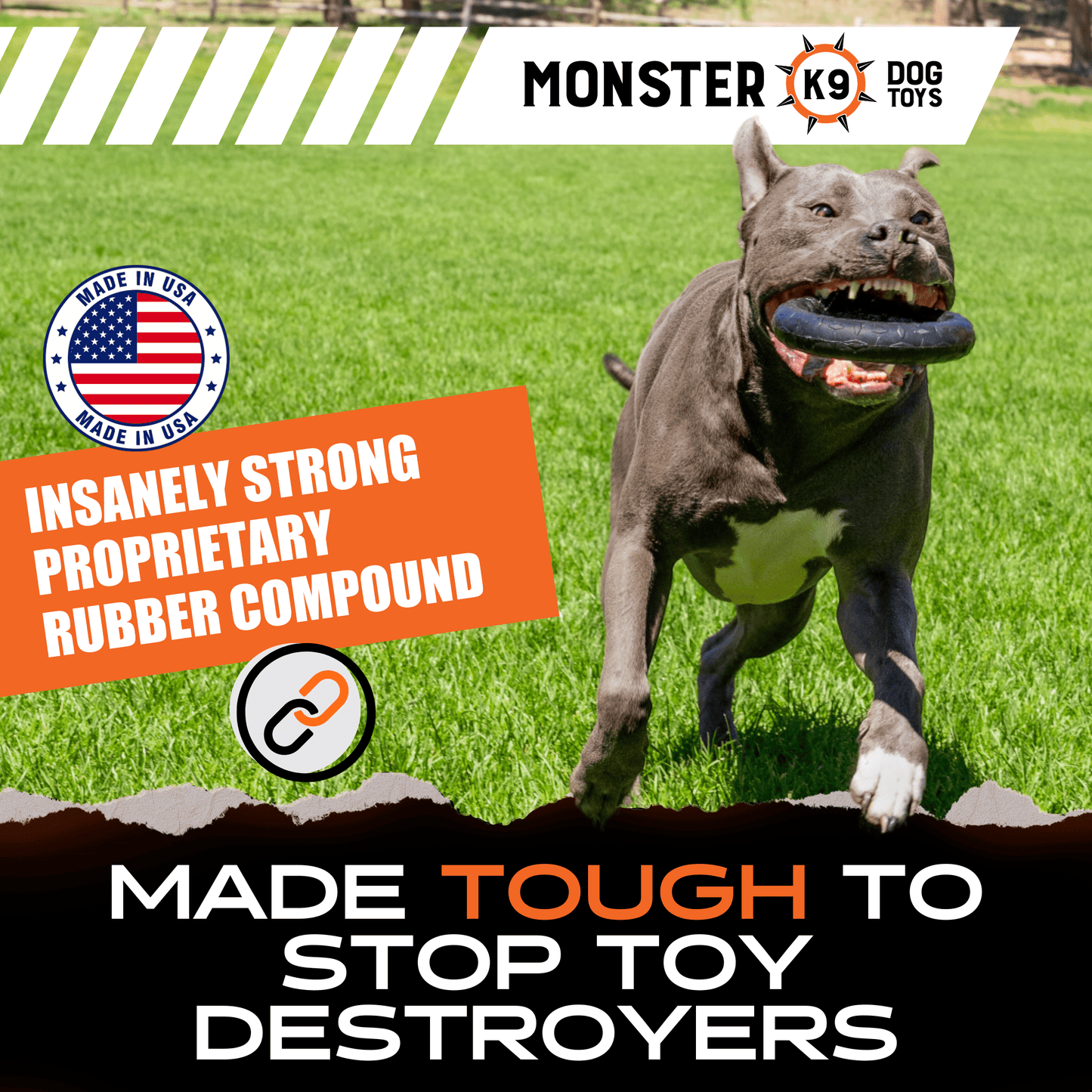 Dog playing with a toy on grass, with Monster K9 branding and product features highlighted.