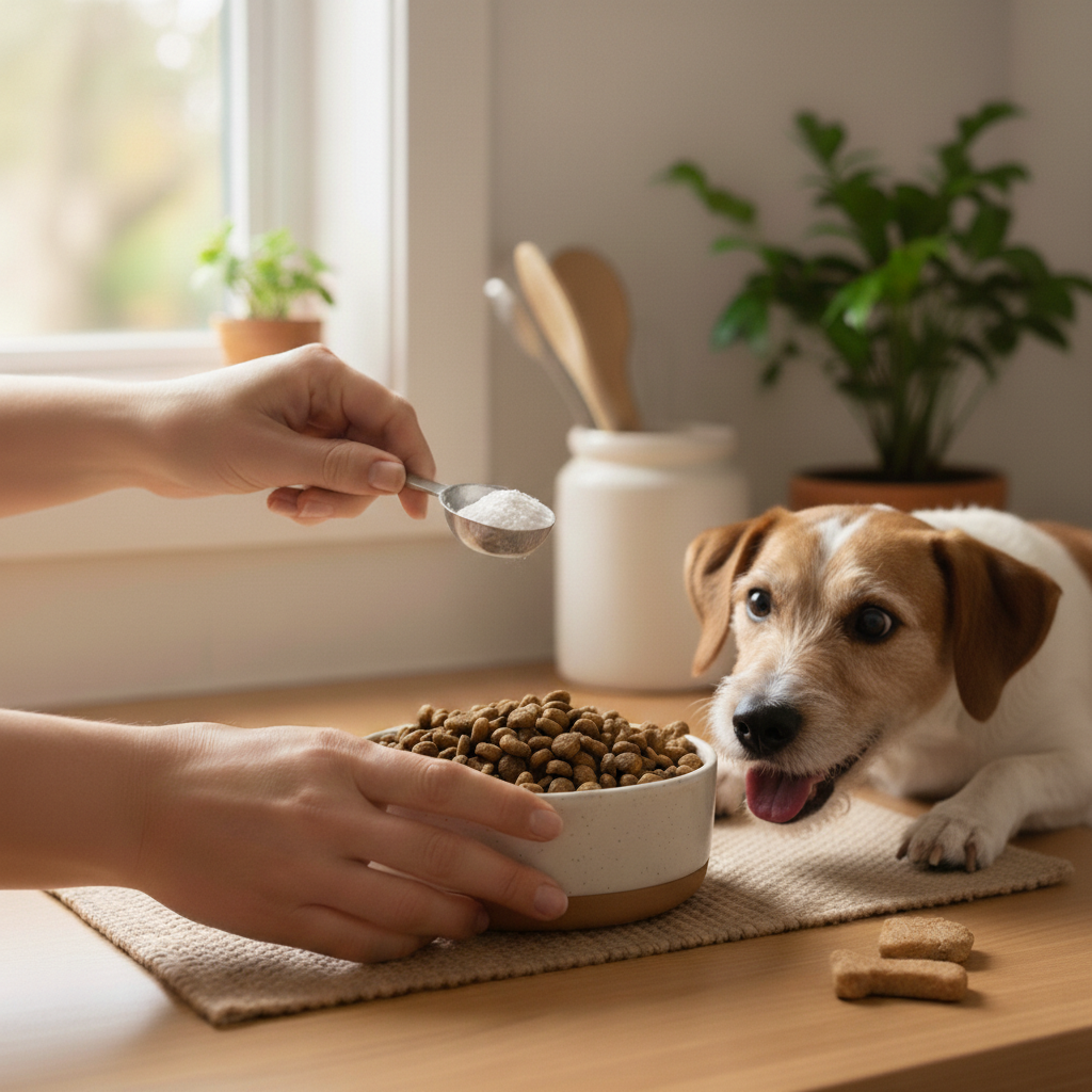 Owner adding HOLI+ Collagen to a dog's food