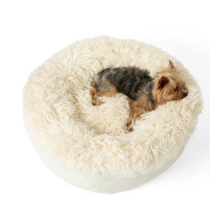 PupPouf plush sheep ivory donut dog bed side view