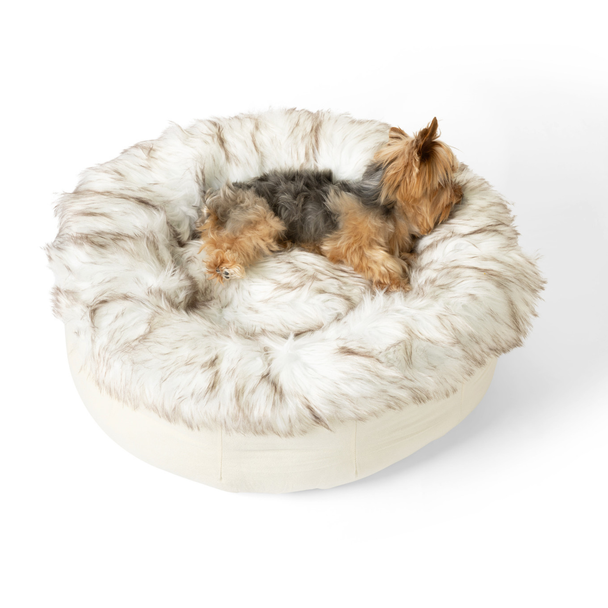 PupPouf faux fur donut dog bed - size and feature graphic