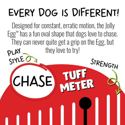 Red toy with text about dogs and a tuff meter, featuring a Jolly Egg design.
