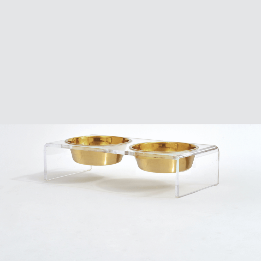 Clear Lucite elevated feeder with gold-finish pet bowls