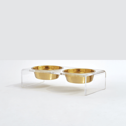 Clear Lucite elevated feeder with gold-finish pet bowls