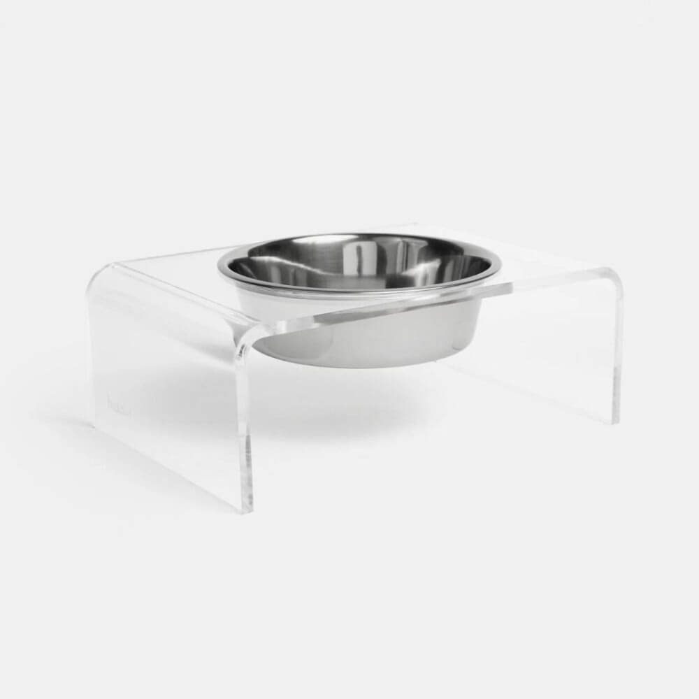 Empty clear single feeder with silver bowl