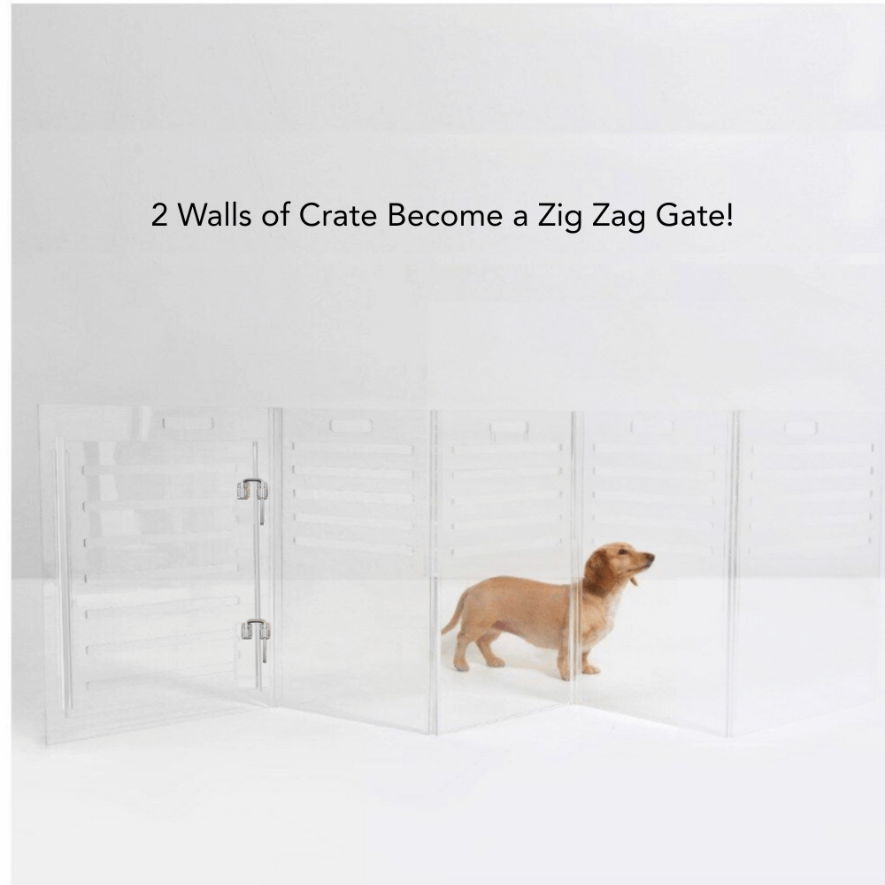 Hiddin clear crate panels configured as a pet gate