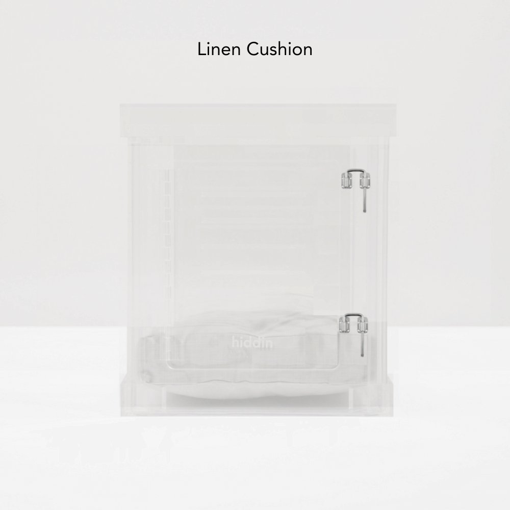 Small clear Lucite pet crate with silver latch
