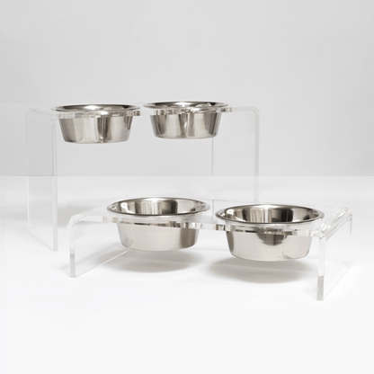 Tall Clear Double Feeder with Silver Bowls