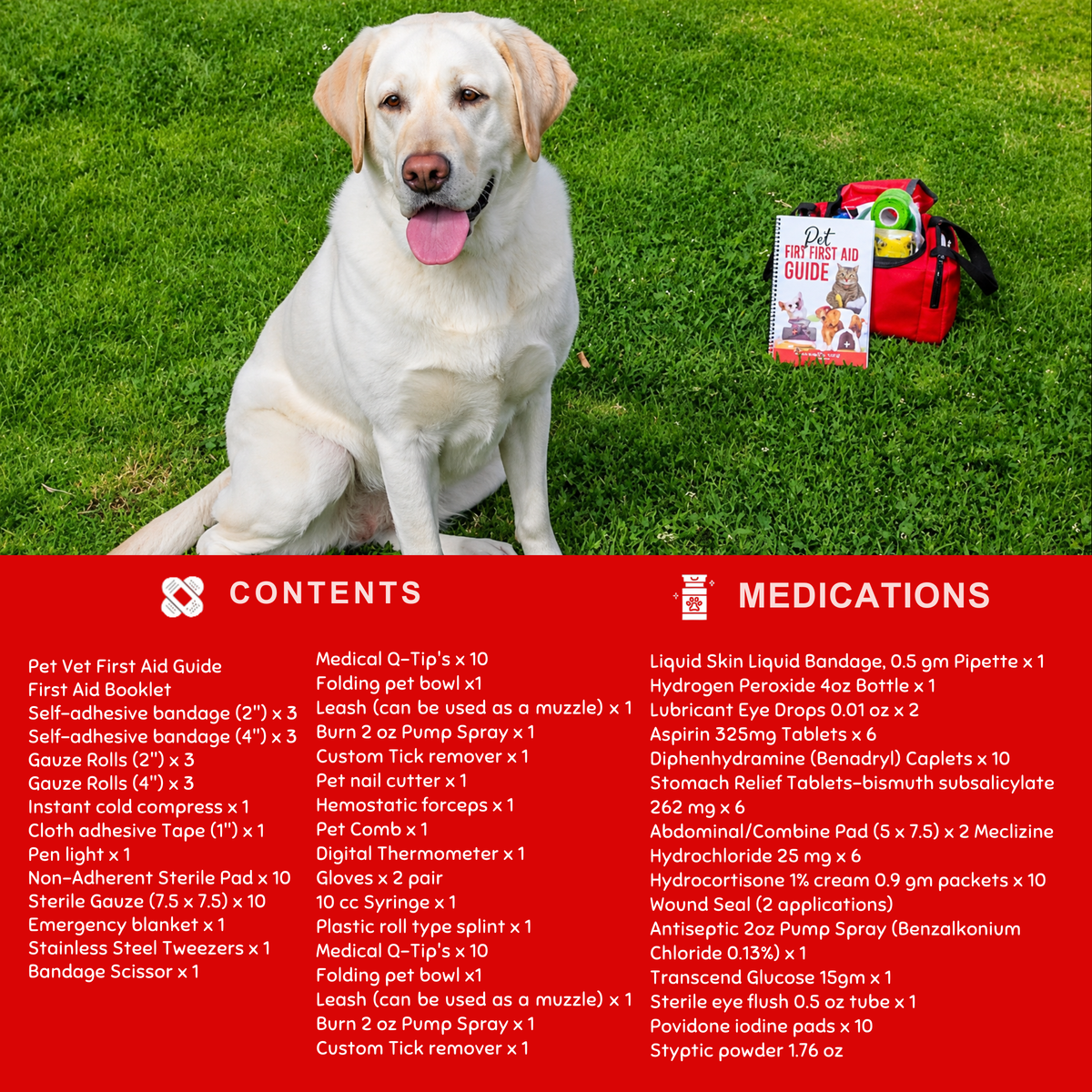 Contenido de PetVet Medic® Kit grande de primeros auxilios para mascotas - 120+ piezas