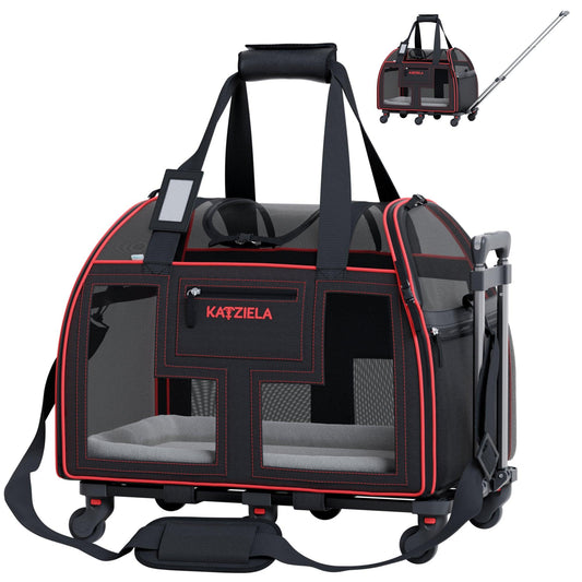 Katziela Luxury Lorry rolling pet carrier in Black & Red