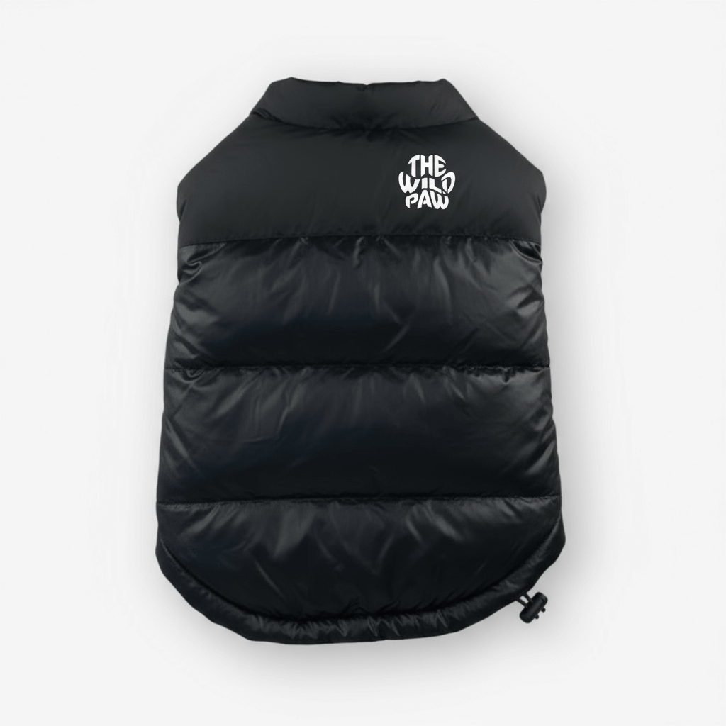 Black ThermaPuffer dog vest, back view