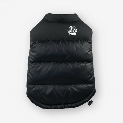 Black ThermaPuffer dog vest, back view