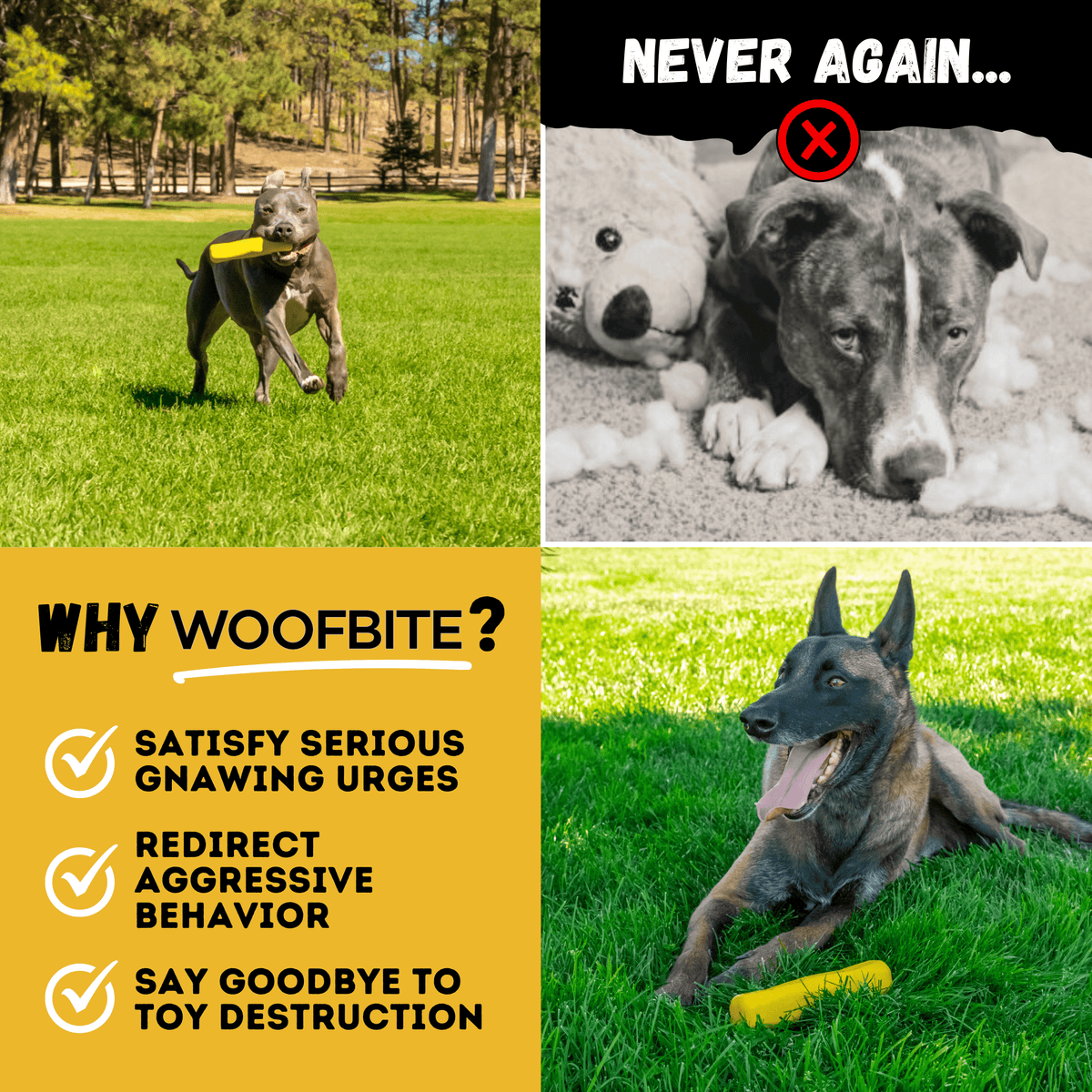 Monster K9 Power Stick yellow dog toy in a product feature image