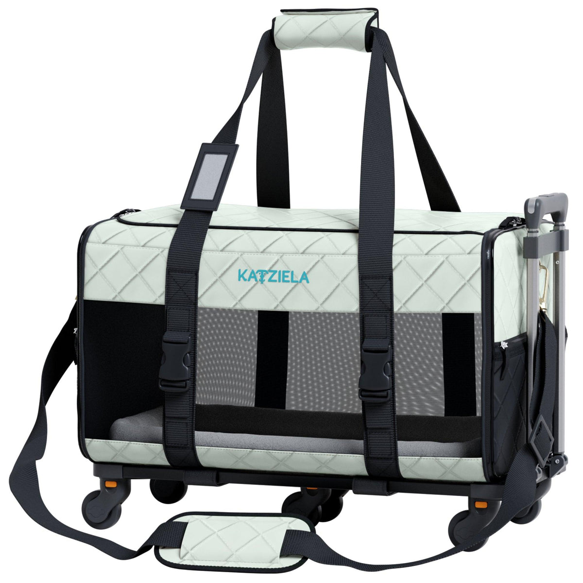 Quilted Chariot pet carrier wheel and base view
