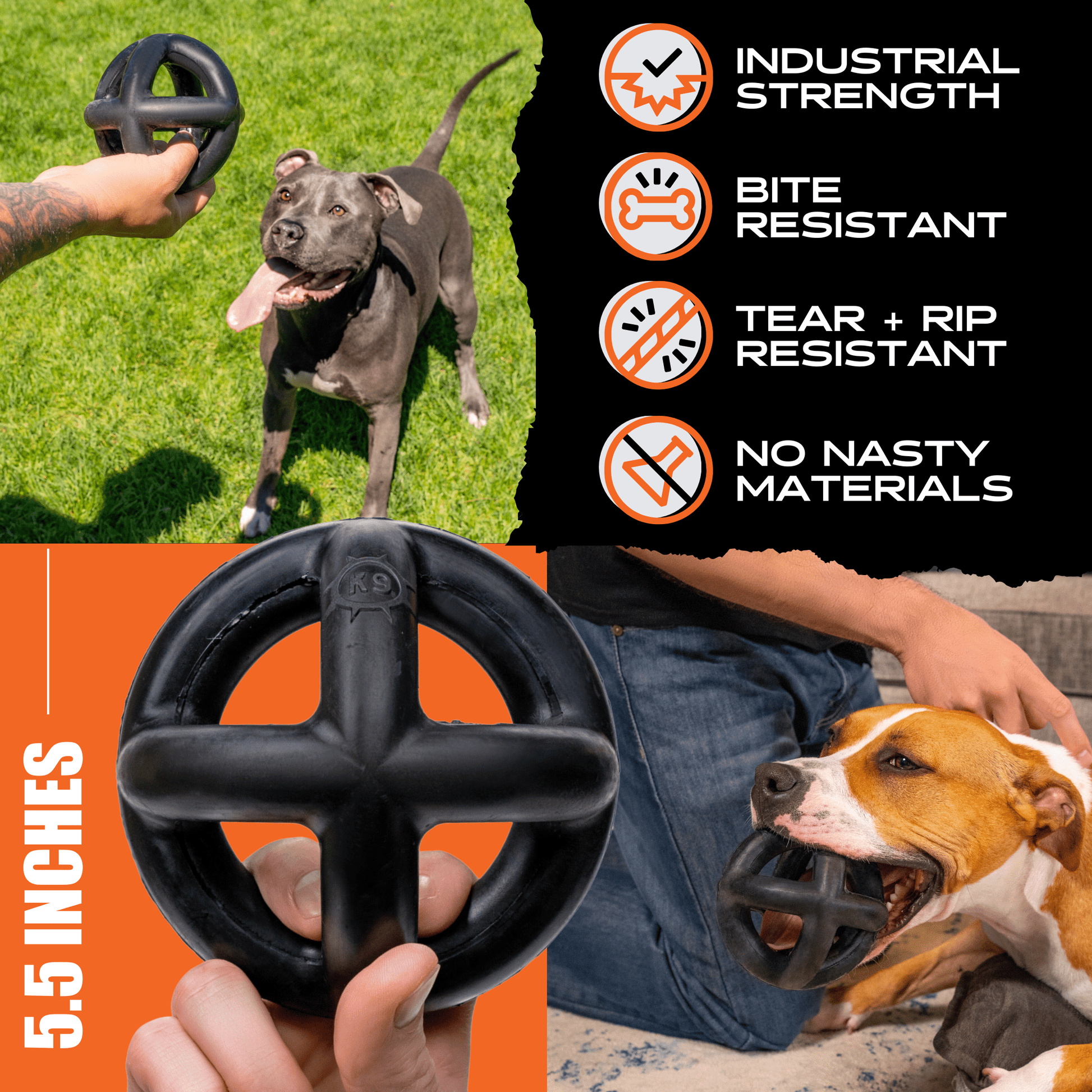 Dog toy with text highlighting features, shown being used by dogs outdoors.