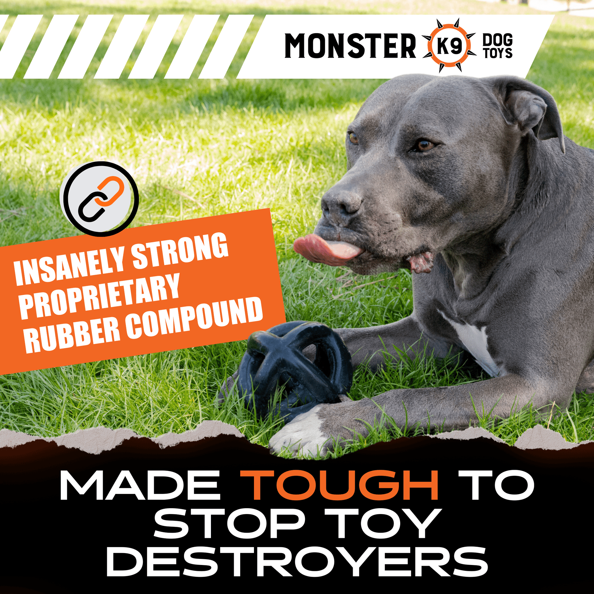 Dog lying on grass with a toy, surrounded by promotional text about Monster K9 dog toys.