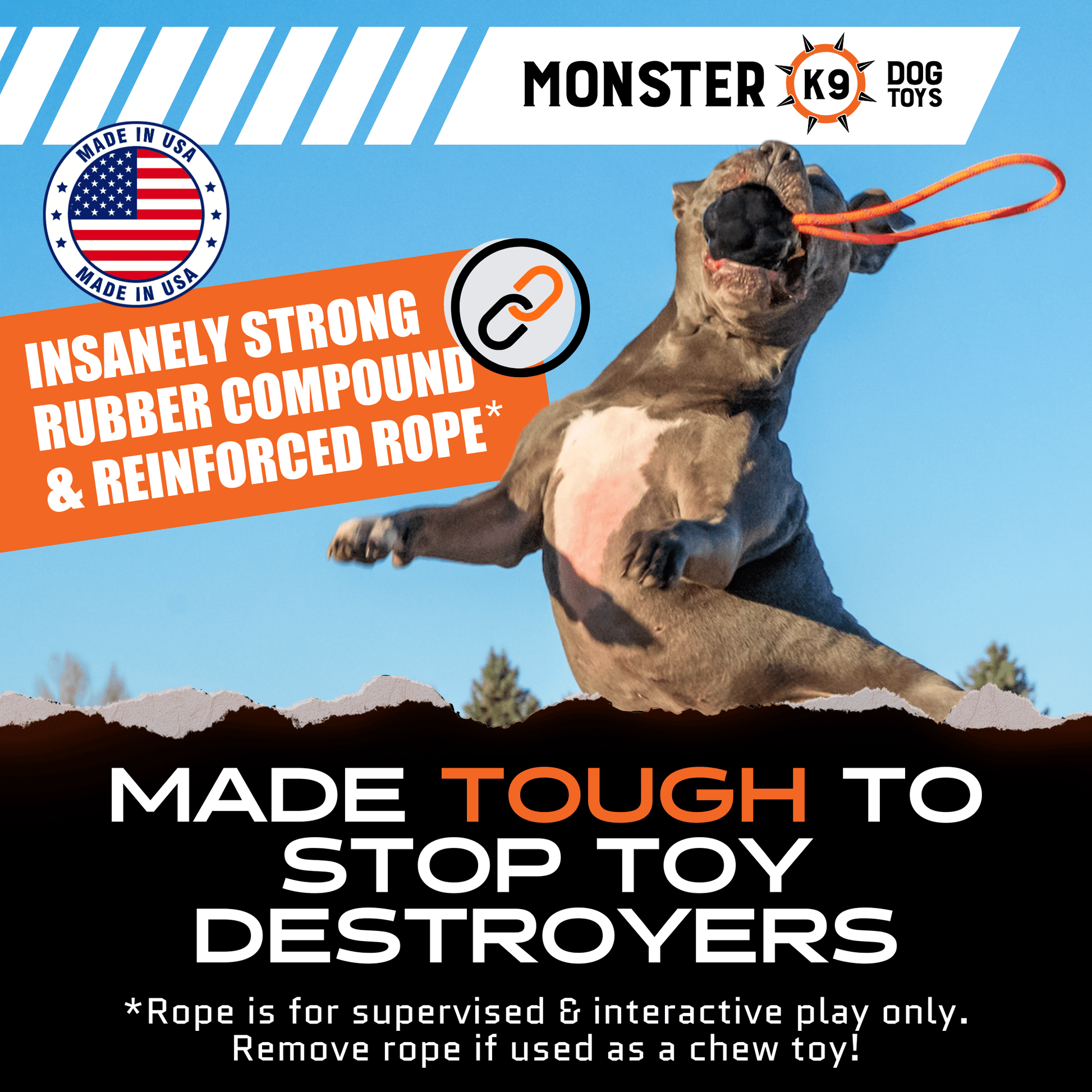 Dog playing with a toy, promotional text about Monster K9 dog toys, and USA made label.