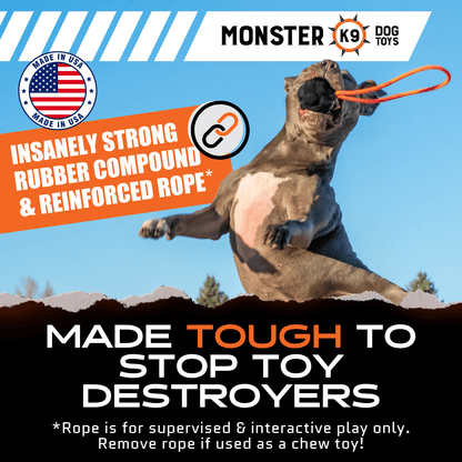Dog playing with a toy, promotional text about Monster K9 dog toys, and USA made label.