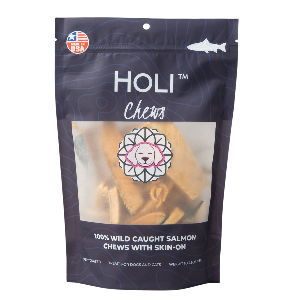 Front view of Salmon Skin Dental Chews for Dogs and Cats by HOLI