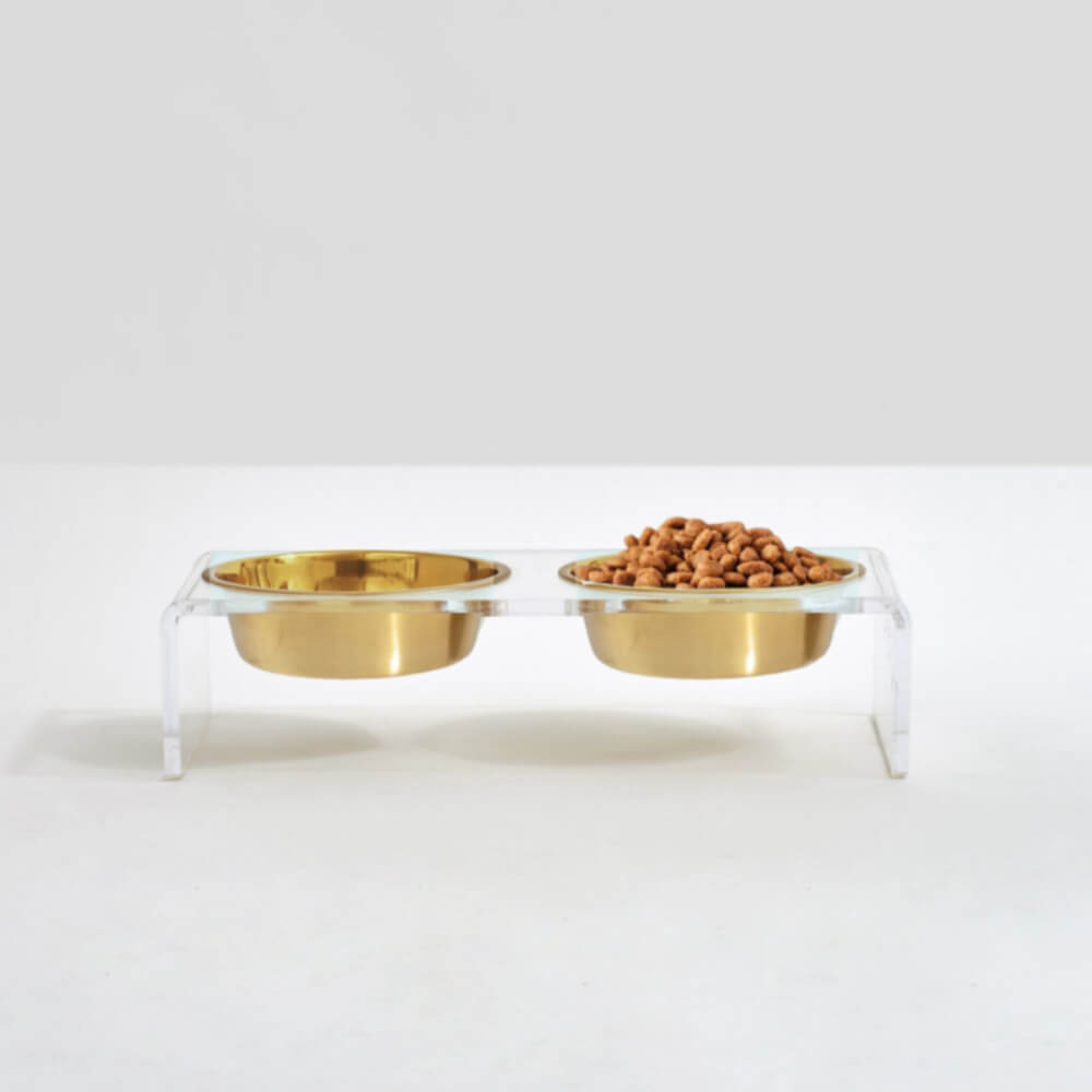 Hiddin Small Gold Elevated Pet Feeder with clear stand and gold bowls