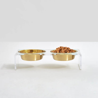 Hiddin Small Gold Elevated Pet Feeder with clear stand and gold bowls