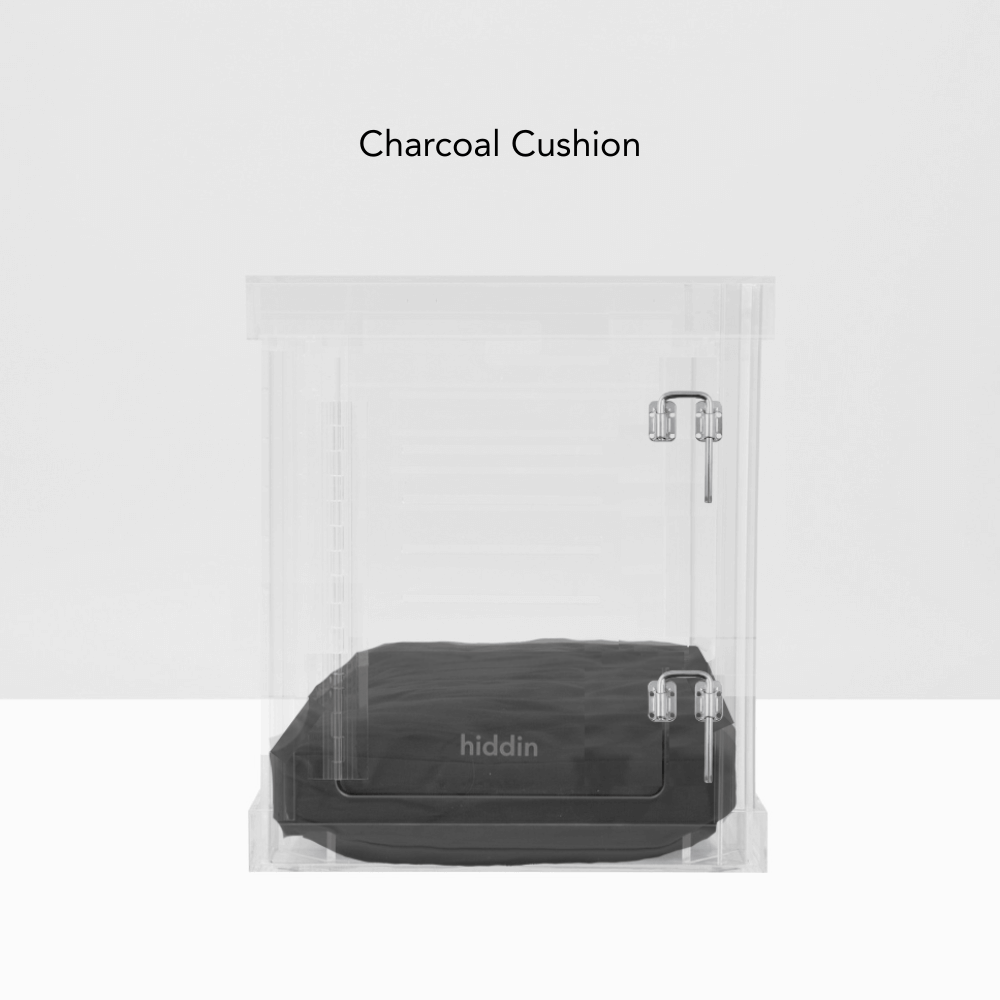 Small Hiddin clear crate with charcoal cushion