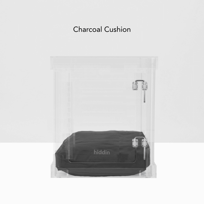 Small Hiddin clear crate with charcoal cushion