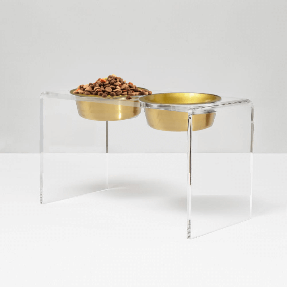 Angled view of the tall clear double gold feeder